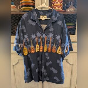 Men's Tropical Navy Shirt with Guitar Print